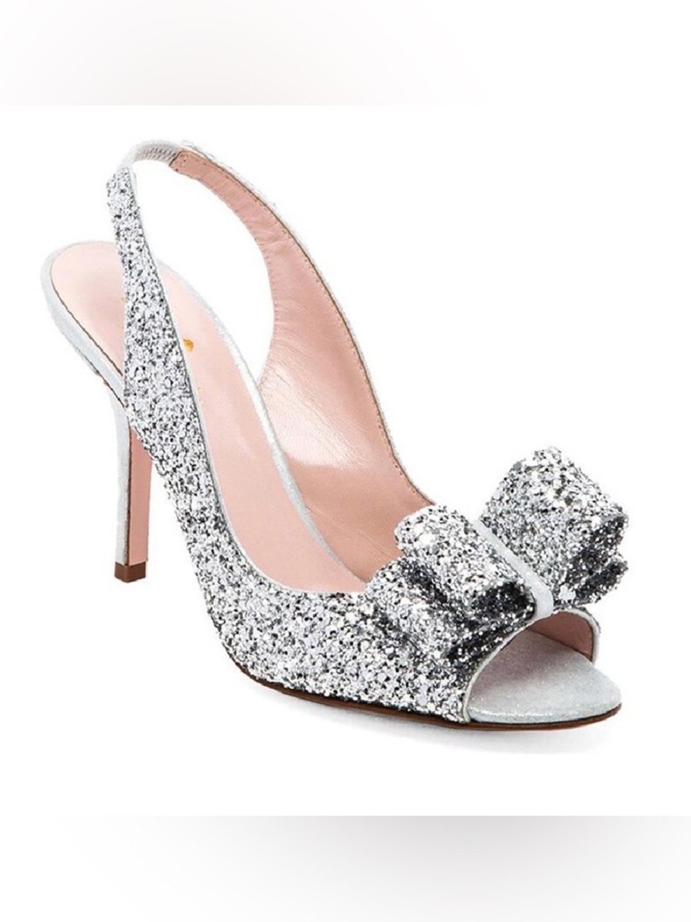 kate spade Silver Glitter Slingback Peep-Toe Heels with Bow Accent